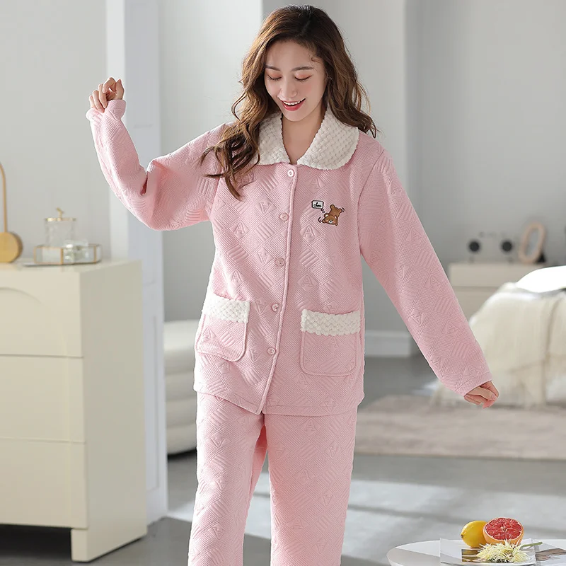 

Женский пижамный комплект, осенне-зимние хлопковые стеганые женские пижамные комплекты, теплые толстые пижамы с длинным рукавом и мезонином, женская одежда для сна