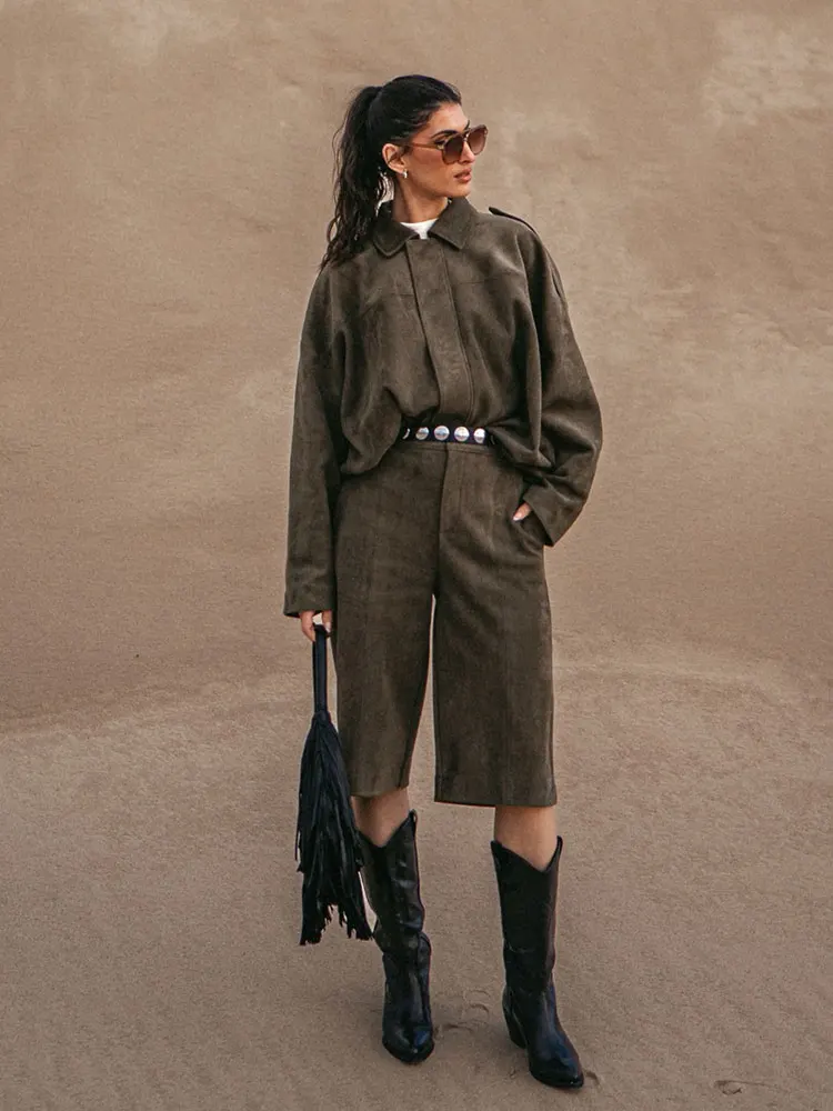 HH Spring Women Suede Coat Pant Sets Lapel Long Sleeve Zipper Jackets Casual Shorts 2025 New Fashion High Street Lady Outfit