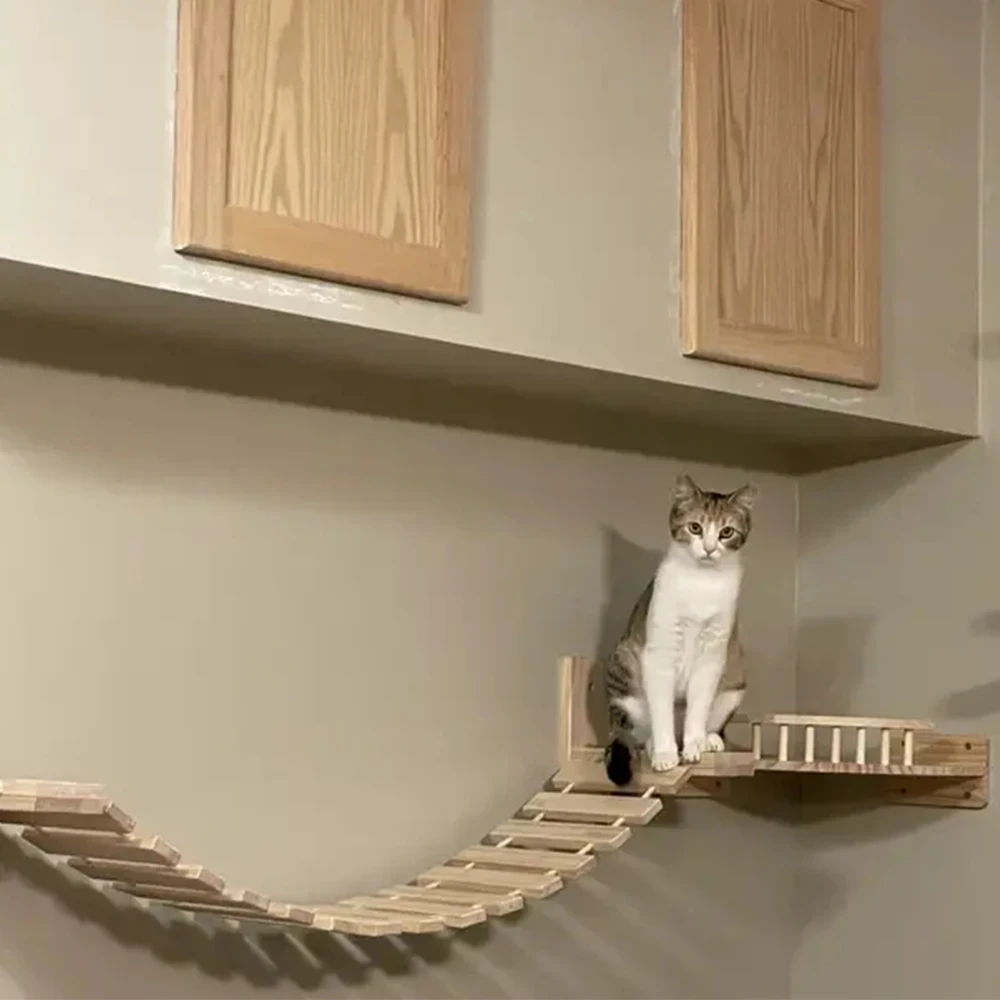 Cat Wall Climbing Wood Bridge and Scratching Post Cat Hammock with Stairway Ladder Jumping Platform for Kittens Playing and Rest