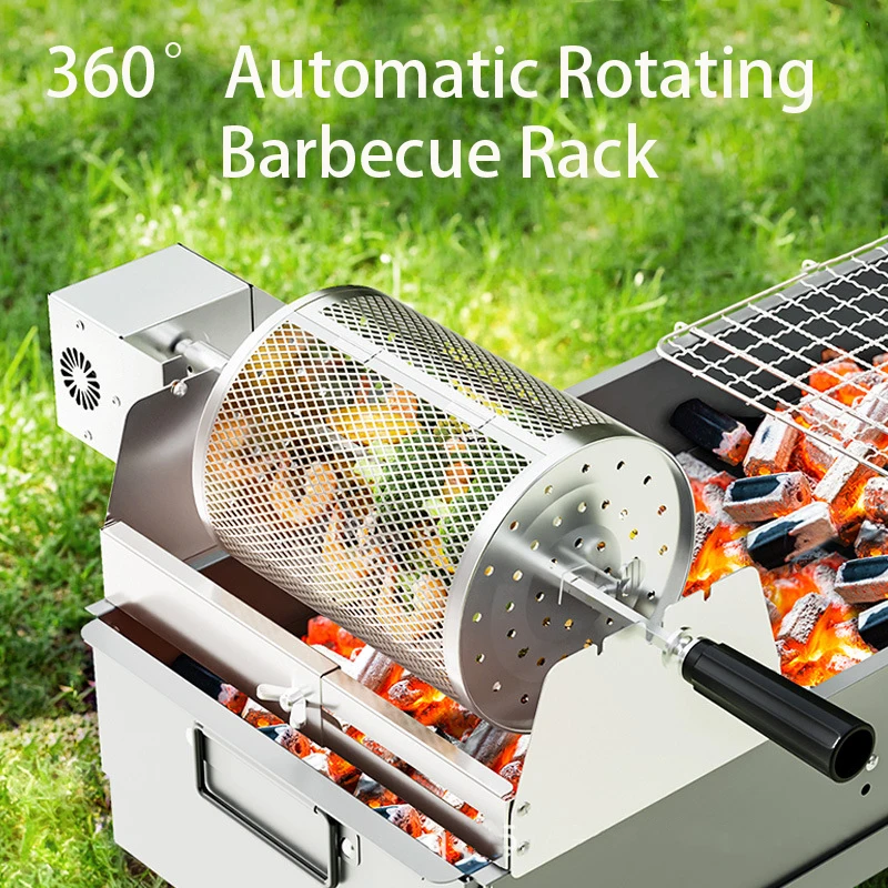 BBQ Grill Basket Stainless Steel Rolling Vegetable Grill Basket Removable Wooden Handle Round Bbq Cage Portable Bbq Accessories Outdoor Grill Sausage Meat Set Of 2