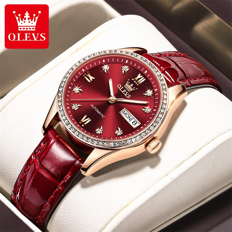 

OLEVS Fashion Women Mechanical Watches Leather Strap Waterproof Week Date Women Luxury Diamond Automatic Watch Zegarek Damski