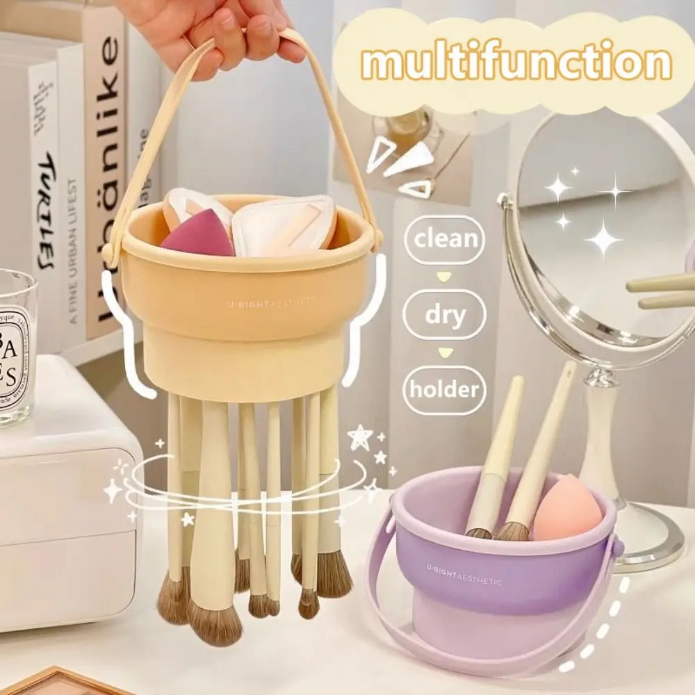 

Makeup Brush Makeup Tool Cleaning Silicone Folding Bowl Beauty Egg Washing Box 3 in1 Scrub Drying Rack With Handle