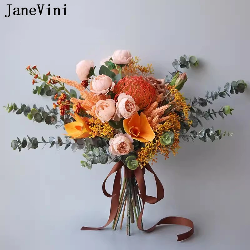 

JaneVini Vintage Orange Bridal Bouquet for Wedding Artificial Wedding Bouquets Bride Holding Flowers Marriage Flores De Novia