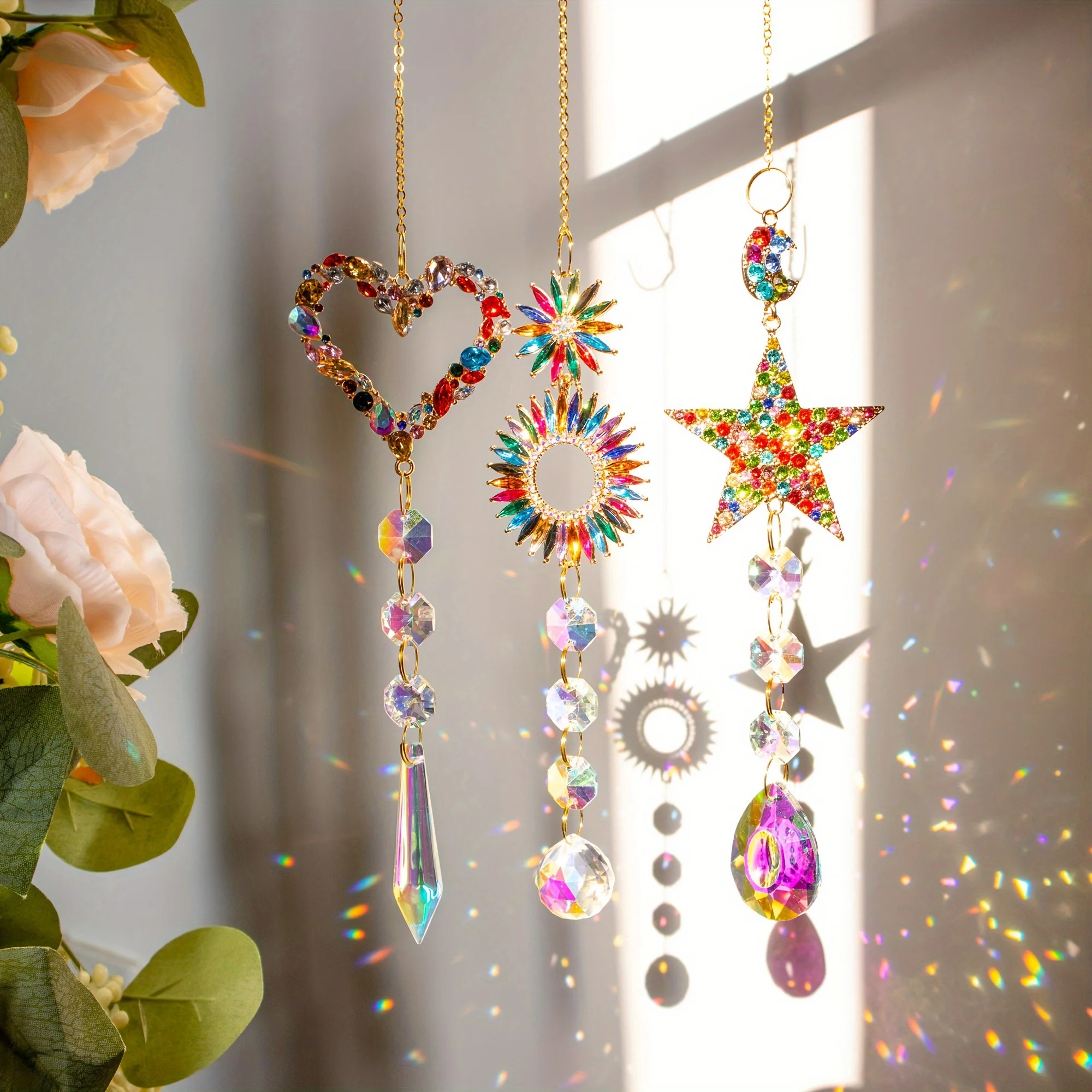 3pcs colorful diamond Love Circle Pentacle Hanging Window Sun Catcher Crystal Rainbow Maker Home decor car pendant decoration