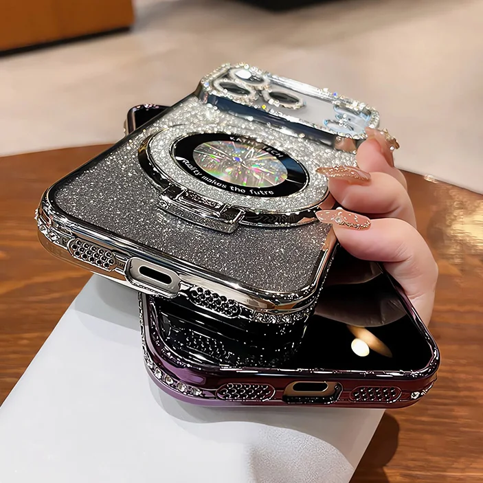 Luxury Plating Diamond Glitter Holder Stand Phone Case For iPhone17 16 15 14 13 12 Pro Max For Magsafe Lens Protector Back Cover S540c7fcaa2a04c16a0d0886706077092L