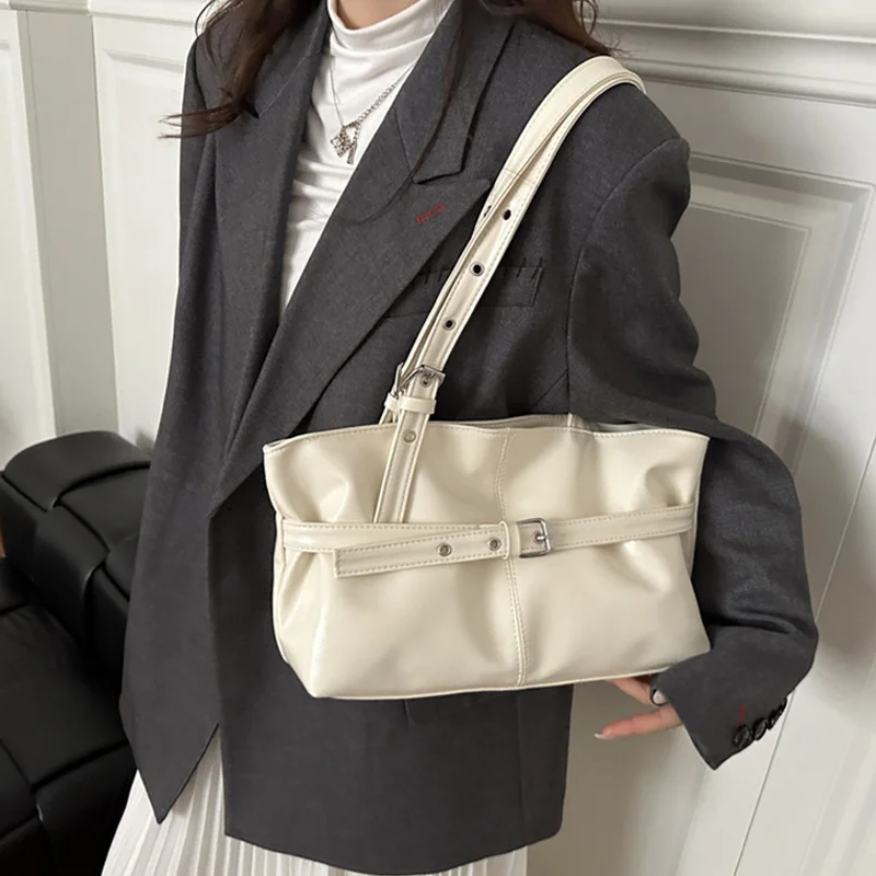 New Fashionable Versatile Belt Buckle Handbag Korean Style Solid Color Soft Leather Women’s Casual Shoulder Bag Underarm Bag