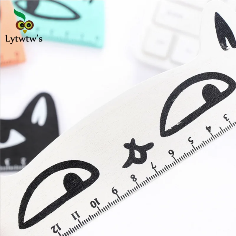 Drawing Ruler Straight Ruler 1 Pcs Lytwtw's Cute Kawaii Black Cat Kitten Straight Ruler Wooden Tools Cartoon Sewing Drawing Office School Stationery supplies
