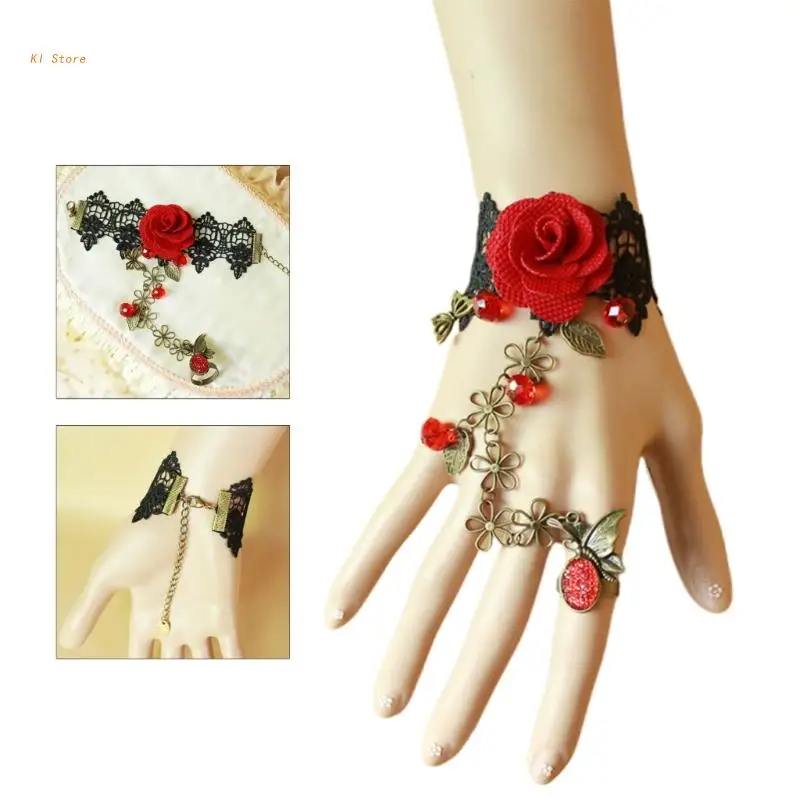 

Rose Lace Hand Chain Ring Bracelet Crystal Chain Finger Bracelet Hand Jewelry