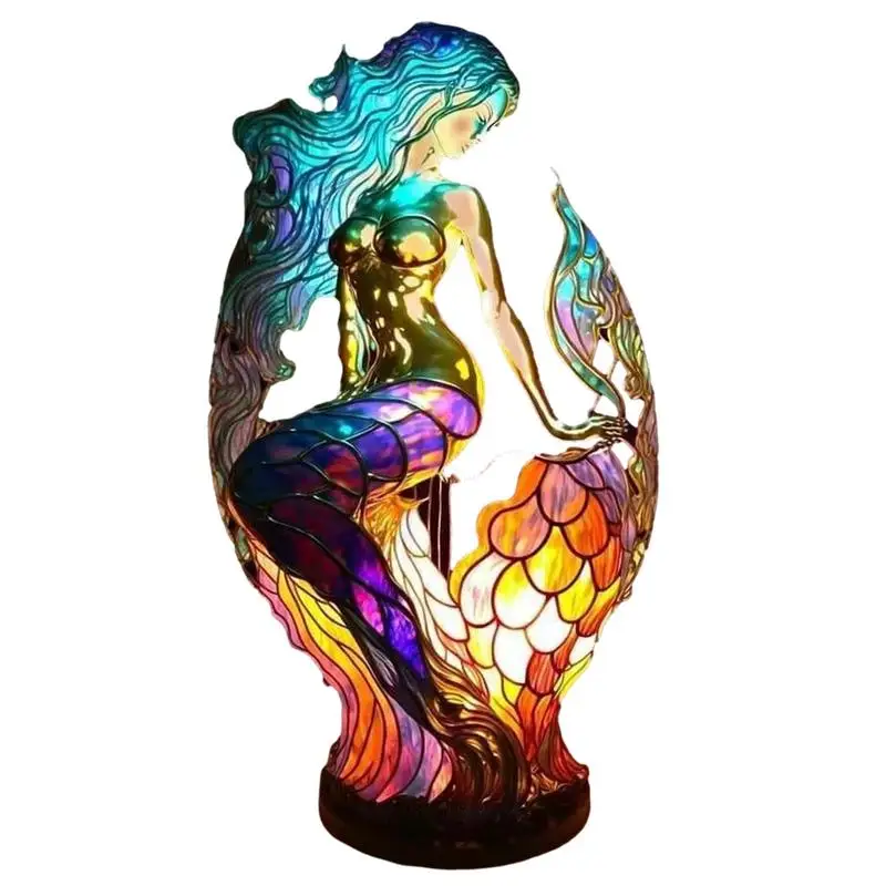 

Stained Resin Mermaid Light colorful Animal Desk Lamp for Girls Bedroom Animal Lovers Home Decoration Mermaid figurines Statue