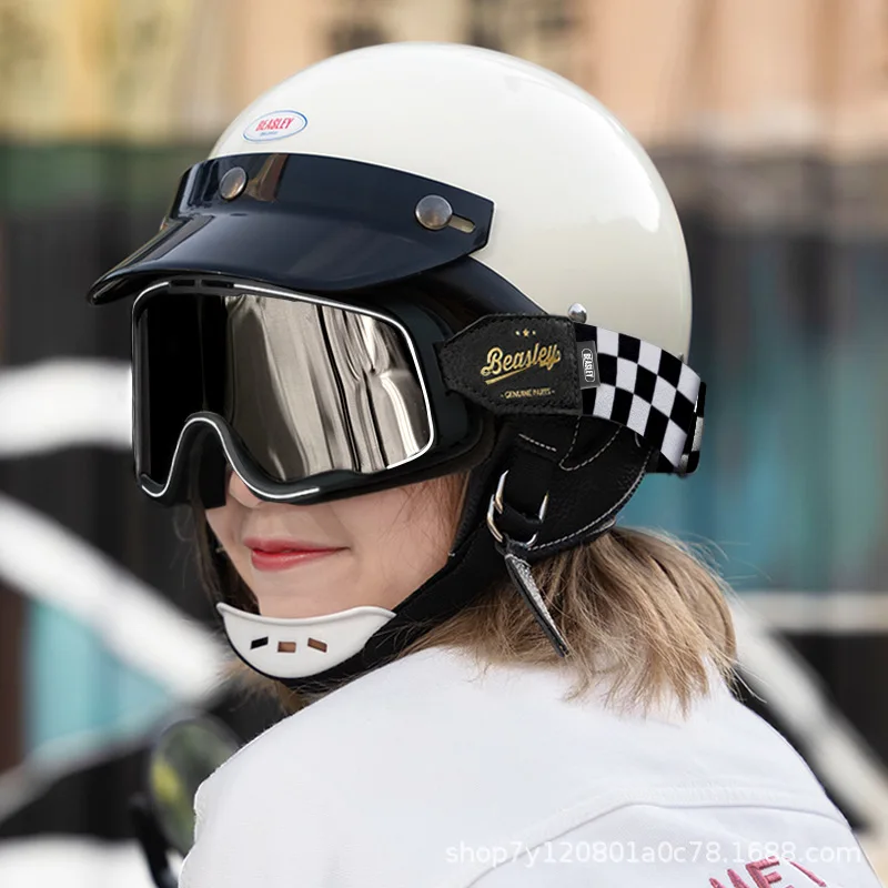 BEASLEY Retro Electric Motorcycle Helmet Japanese Scoop Helmet Glass Fiber Reinforced