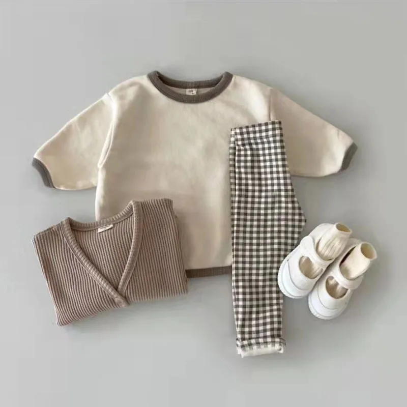 Autumn New Baby Long Sleeve Clothes Set Infant Solid Casual Sweatshirt Set Boys Girls Plaid Pants Outfits Children 2pcs Suit 2
