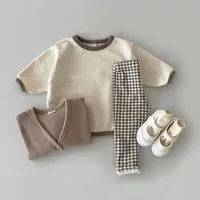 Autumn New Baby Long Sleeve Clothes Set Infant Solid Casual Sweatshirt Set Boys Girls Plaid Pants Outfits Children 2pcs Suit 2