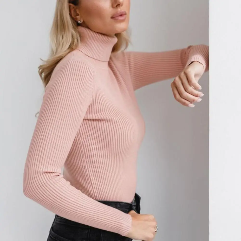 

Solid Color Long Sleeve Top Solid Color Women Top Stylish Women's Ribbed Knit Turtleneck Pullover Slim Fit Long Sleeve for A