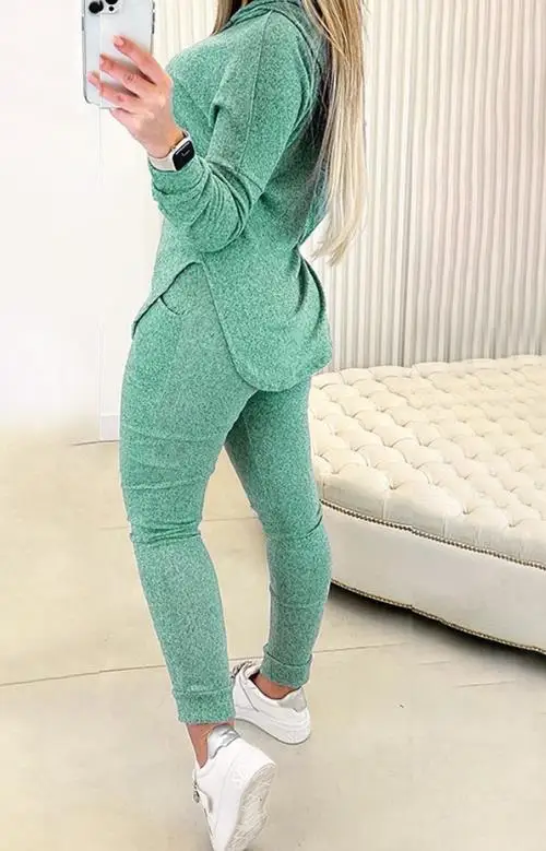 2 Piece Set Women Outfit 2024 Spring Fashion Hem Slit Long Sleeve Hooded Sweatshirt & Casual Pocket Design High Waist Pants Set