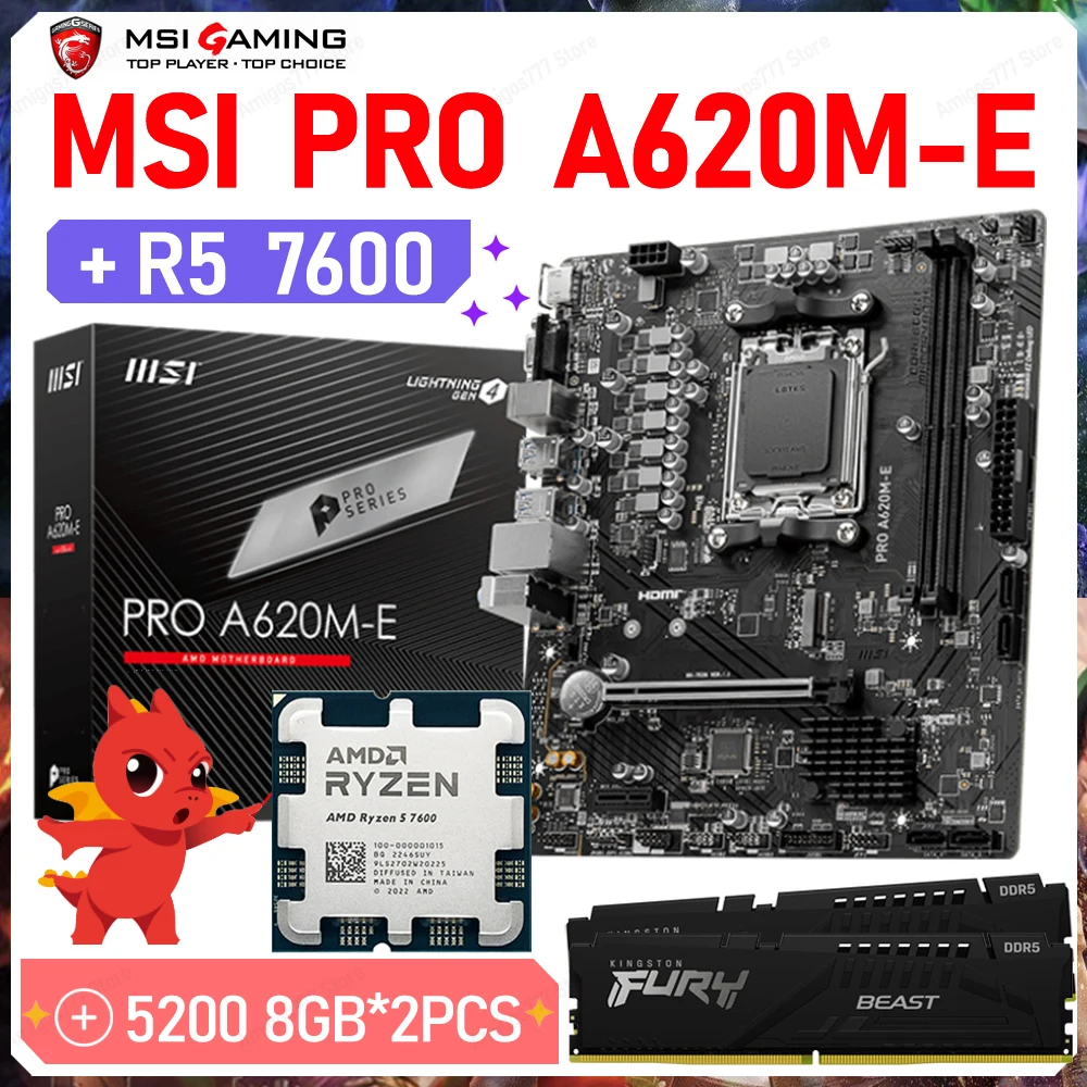 

AMD AM5 CPU R5 7600 R5 Kit MSI PRO A620M-E Motherboard DDR5 8GB*2PCS 5200MHz Desktop Memory RAM Suit A620 Micro-ATX Board M2 New