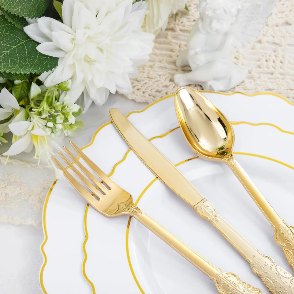 Liacere 350 PCS Plastic Disposable Plates 50guest Plastic Dinnerware Include 100Plates 50Pack Rolled Napkins with 50Cups Wedding