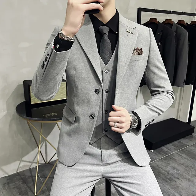 ( Jacket + Vest + Pants ) High-end Brand Boutique Fashion Solid Color Mens Casual Business Suit 3Piece Set Groom Wedding Dress - Light Grey 2 buttons, Asia S (EUR XXXS)