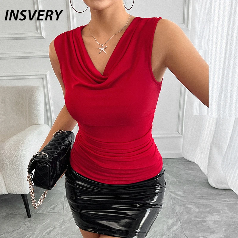 Elegant Temperament Tank Top Female V Neck Sleeveless T-Shirts For Women Fashion Slim Vest Red Black Tops