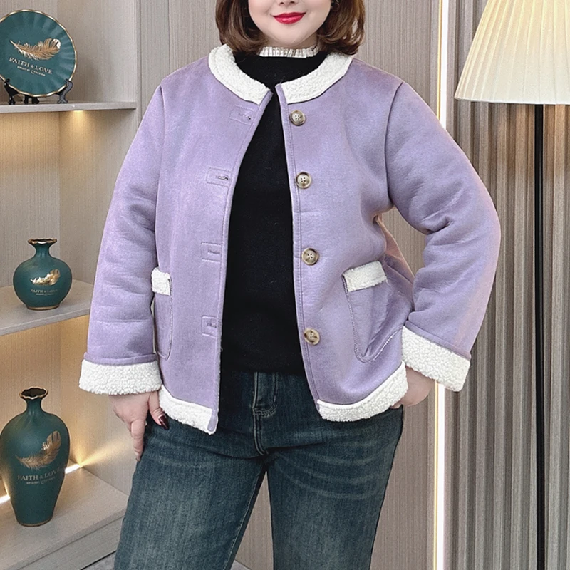 4XL PLUS Size Women's Suede Jacket Winter Loose Thicken Composite Fleece Coat 927