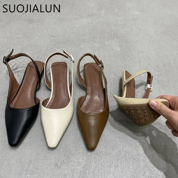 SUOJIALUN 2023 Spring New Shallow Slip On Women Slingback Shoes Soft Casual Ladies Sandal Shoes Flat Heel Outdoor Dress Mules
