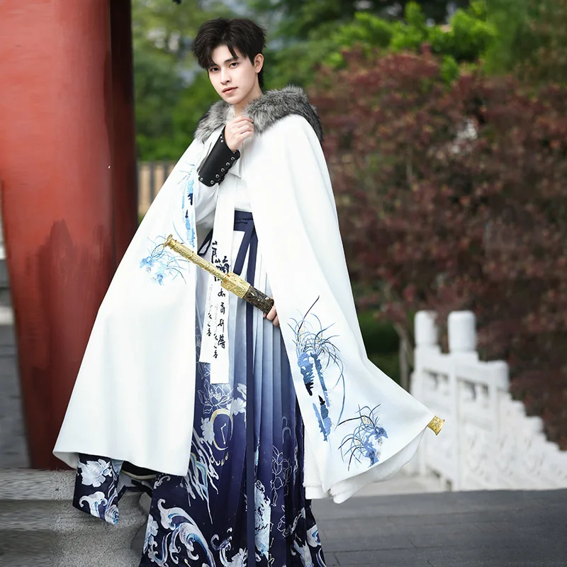 

Tradition Hanfu Man White Long Chinese Style Plus Velvet Cape Ancient Costume Animation Coat Weaving Gold Horse Face Skirt 2023