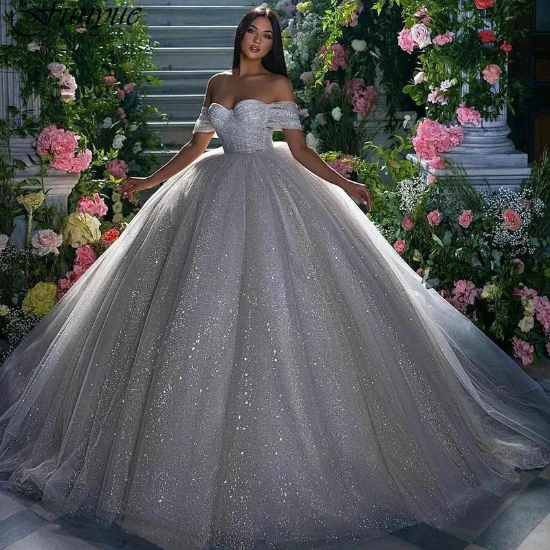 

Funyue Off Shoulder Glitter Sequin Tulle Luxury Bridal Dresses Dubai Arabic Wedding Ball Gowns with Veils Vestidos Novias Boda