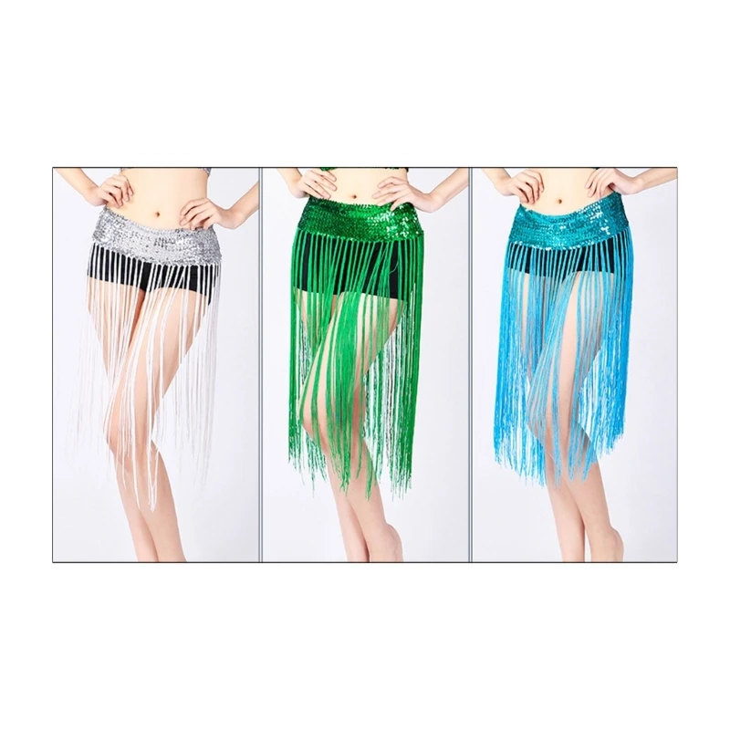 

Sequins Belly Skirt Waist Chain with Long Tassels Fringed Hip Scarf Party Latin Dance Costume for Women