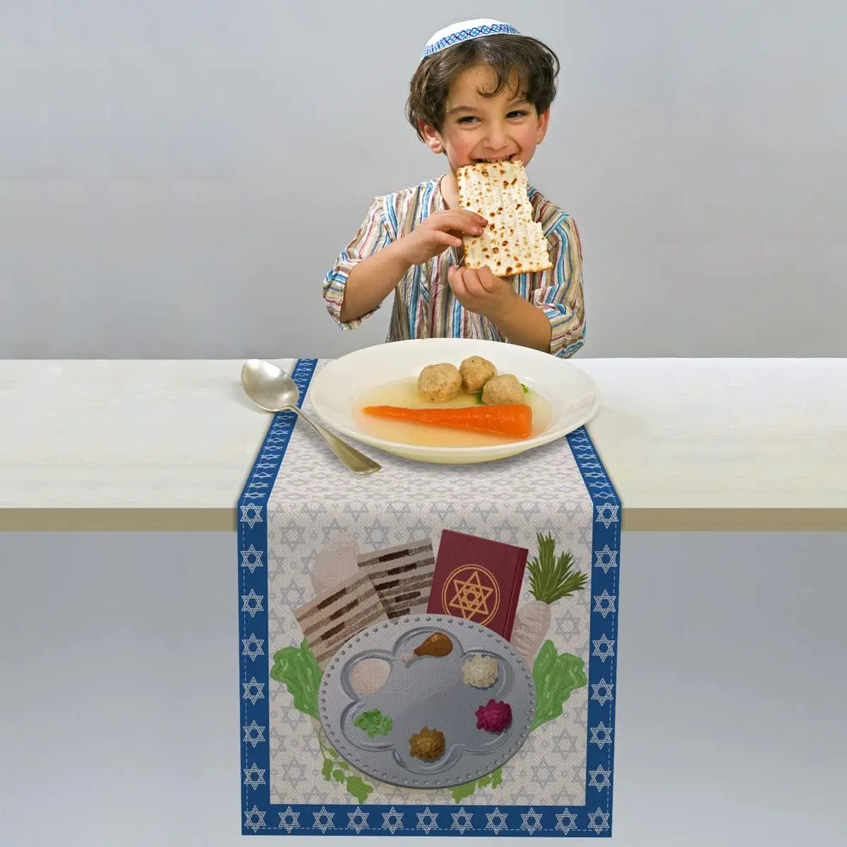 Happy Passover Linen Table Runner – Star of David Pesach Table Decor 3