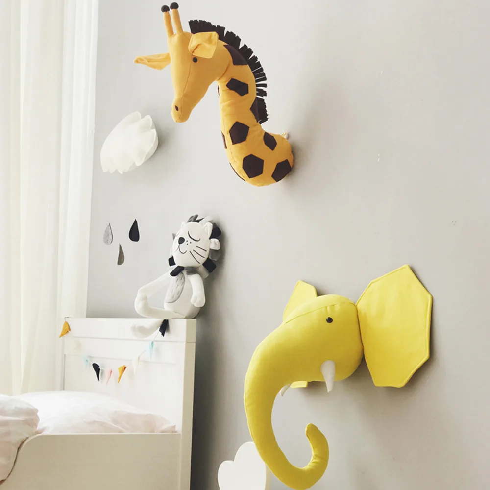 Baby Nursery 3D Animal Head Wall Mount Kawaii Stuffed Elephant/Giraffe/Zebra  Hanging Toys Kids Room   Sculptures 2