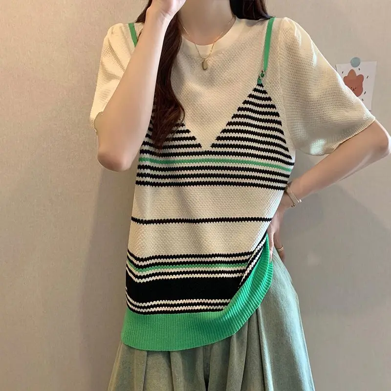 

Summer New Round Neck Fashion Short Sleeve T-Shirts Women Striped Fake Two Pieces Knitting Pullovers Elegant All-match Tops