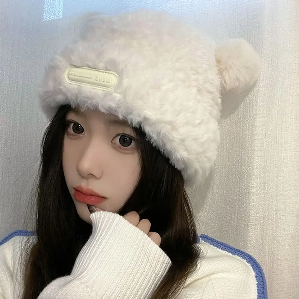 Cute Ear Women Earmuffs Cap Cartoon Bear Ear Protection Hat Solid Color Plush Beanies Girl Winter Warm Fluffy Fur Headgear 모자 5