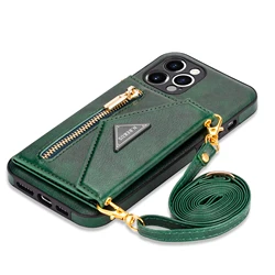 Zipper Wallet Crossbody Leather Phone Case with Card Holder and Lanyard Strap - iPhone 16 Plus (Green)