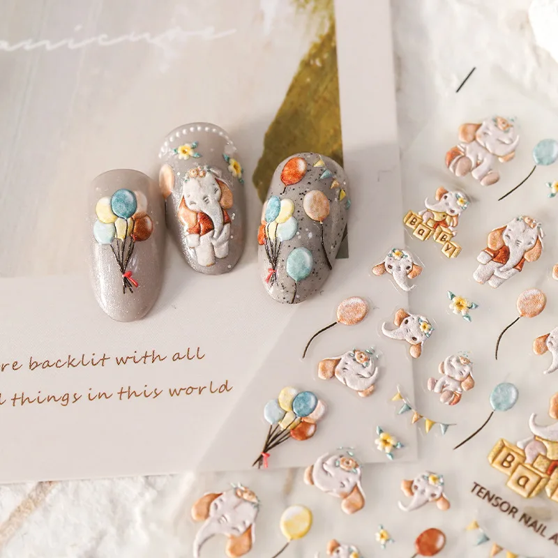 1 Sheet 5D Realistic Relief Cute Balloon Playing Elephant Baby Party Adhesive Nail Art Stickers Decals Manicure Ornaments 3