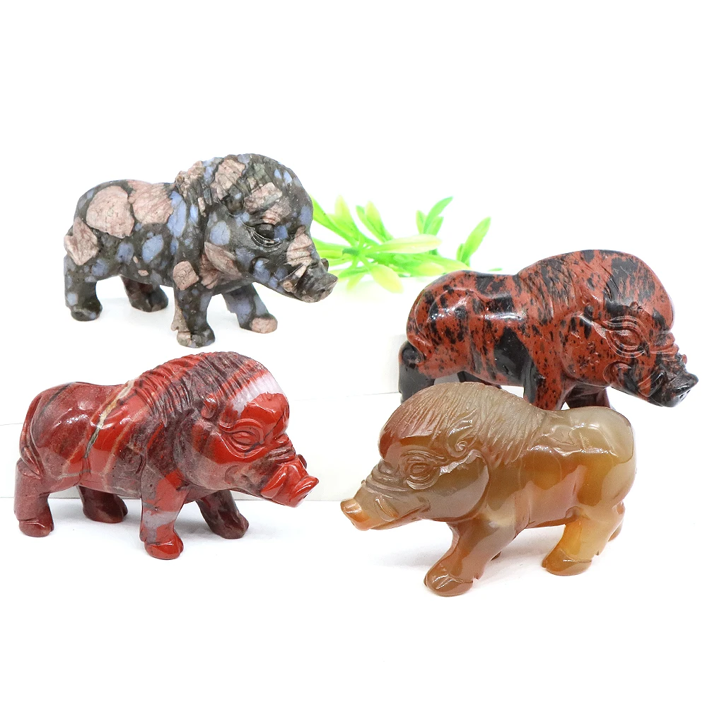 

2.8" Wild Boar Statue Natural Stone Hand Carved Animal Figurine Healing Crystals Reiki Gemstone Craft Home Decoration Gem Gifts