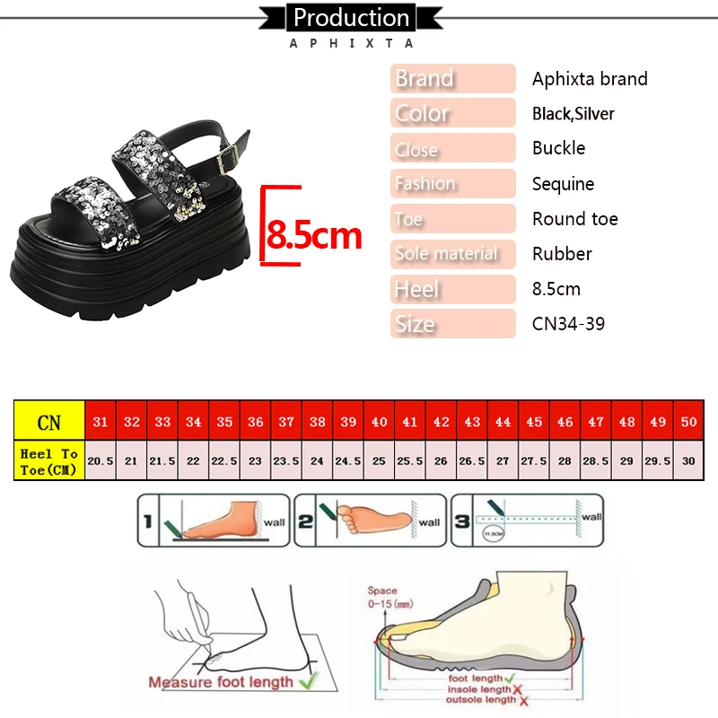 Aphixta Silver Platform Sandals Women Wedge 8.5cm High Heels Shoes Bling Sequine Summer Zapatos Mujer Wedges Woman Sandal