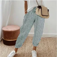 Pantalon d'été transfrontalier européen et américain pour femmes, nouvelle mode, ample, imprimé à rayures, taille élastique, cordon de serrage, pantalons décontractés 4