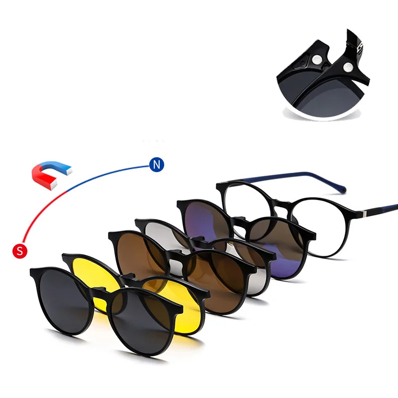 6-in-1-Brille, transparenter runder Rahmen mit 5 Stück Clip-on-polarisierten Sonnenbrillen, magnetische Brillen, männlicher Computer, optisch 3305