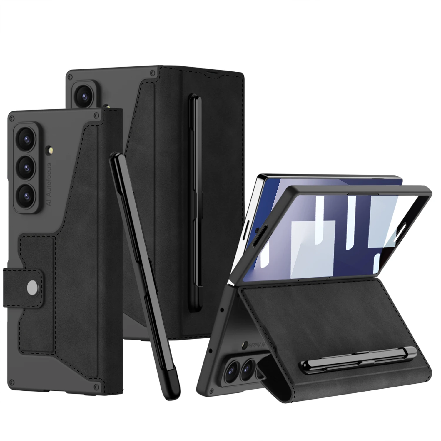 Frosted Leather Fold Stand Case with Stylus Holder & Screen Glass Cover