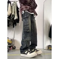 Street Style American Retro Washed Workwear Jeans Men's Design Multi Pocket Straight Leg Vintage Look Casual Trousers