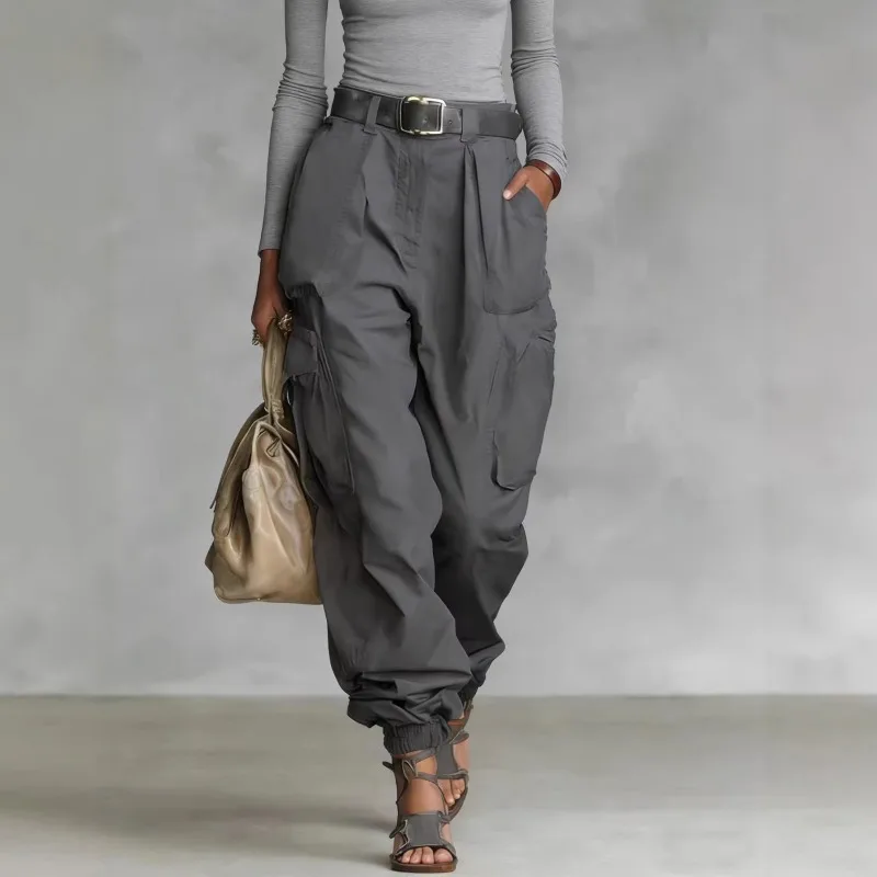 Vintage Casual Loose Multi Pocket Work Pants Vacation Solid Color Sports Pants Women Temperament with Ankle Cuffs Sweatshirt