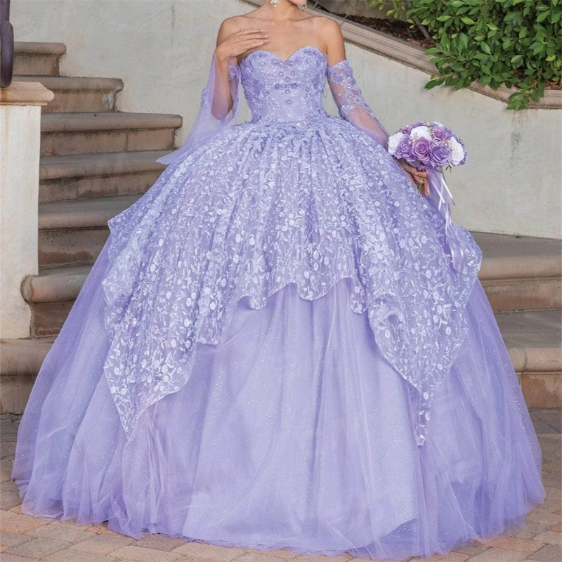 

Purple Shiny Princess Sweetheart Quinceanera Dress Applique Lace Tulle Off-shoulder Prom Dresses Ball Gown For Women vestidos de