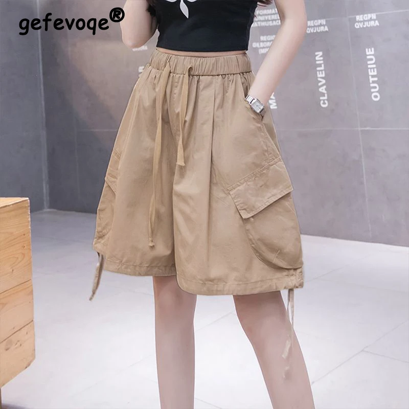 

Женские модные повседневные свободные брюки до колена, однотонные широкие шорты-карго с карманами, модель Y2K на лето, 2024