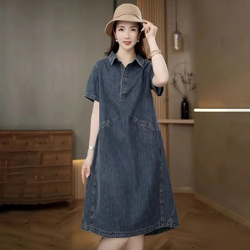 

Women's Short-Sleeved Denim Dress Women's Summer Large Size Casual Slimming Mid-Length Elegant Shirt Dress