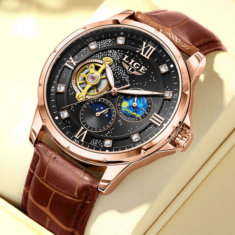 LIGE New Men Watch Fashion Brown Leather Automatic Mechanical Wrist Watches For Men Waterproof Luminous Watch Men Montre Homme