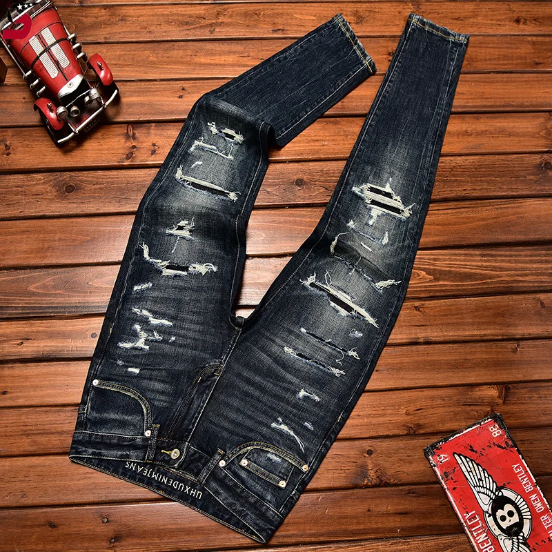 High-End Men's Clothing 2024 Autumn Trendy Jeans Men's Hole & Patch Scrape Slim Fit Skinny Fashion Stretch Trousers 2