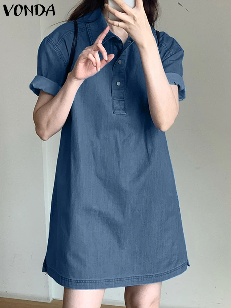 

VONDA Fashion Women Denim Shirt Dress 2023 Summer Casual Short Sleeve Belted Pockets Mini Sundress Lapel Buttons Vintage Robe