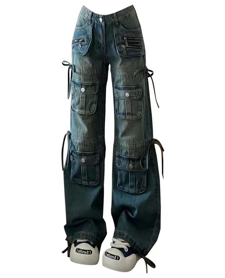 

Women BF Style Y2k Streetwear Harajuku Baggy Multi-Pocket Blue Denim Cargo Pants Low Waisted Wide Leg Jeans 2000s Aesthetic Kpop