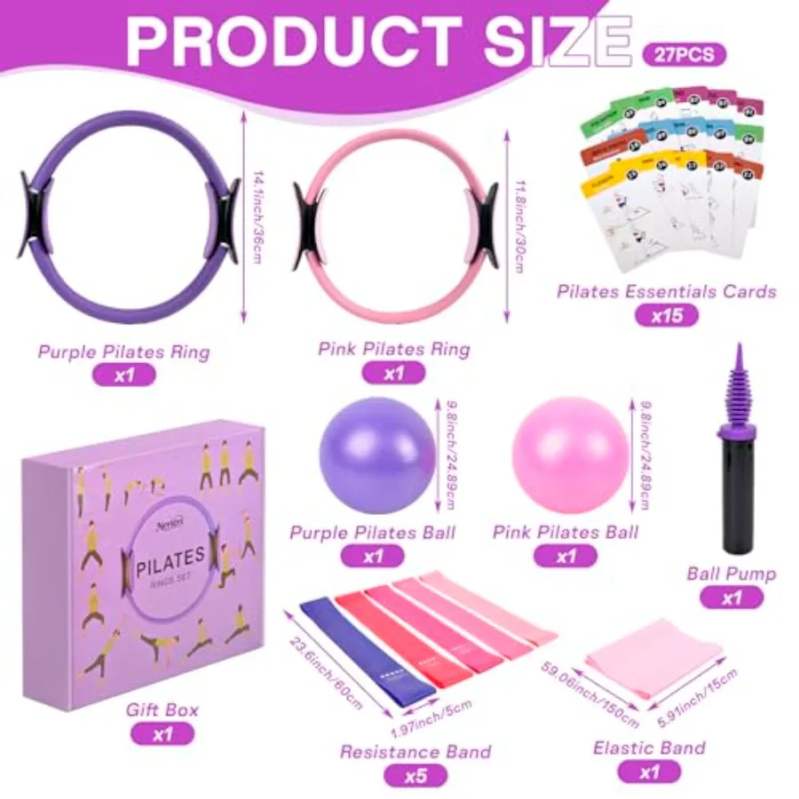 Pilates Ring Ball Equipment Kit - 27Pcs, 12" And 14" Magic Circle Rings, 9.8" Exercise Balls, Workout Cards, Resistance_voghion.com