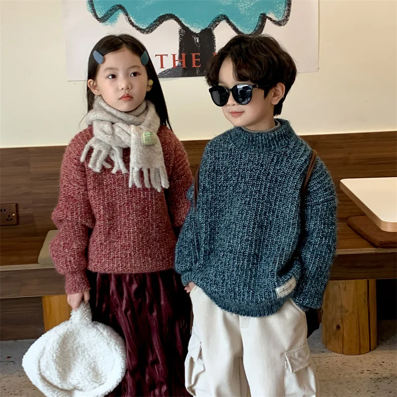 

Korean boys and girls' sweater 2023 autumn and winter new children's retro solid color knit shirt baby round neck pullover top