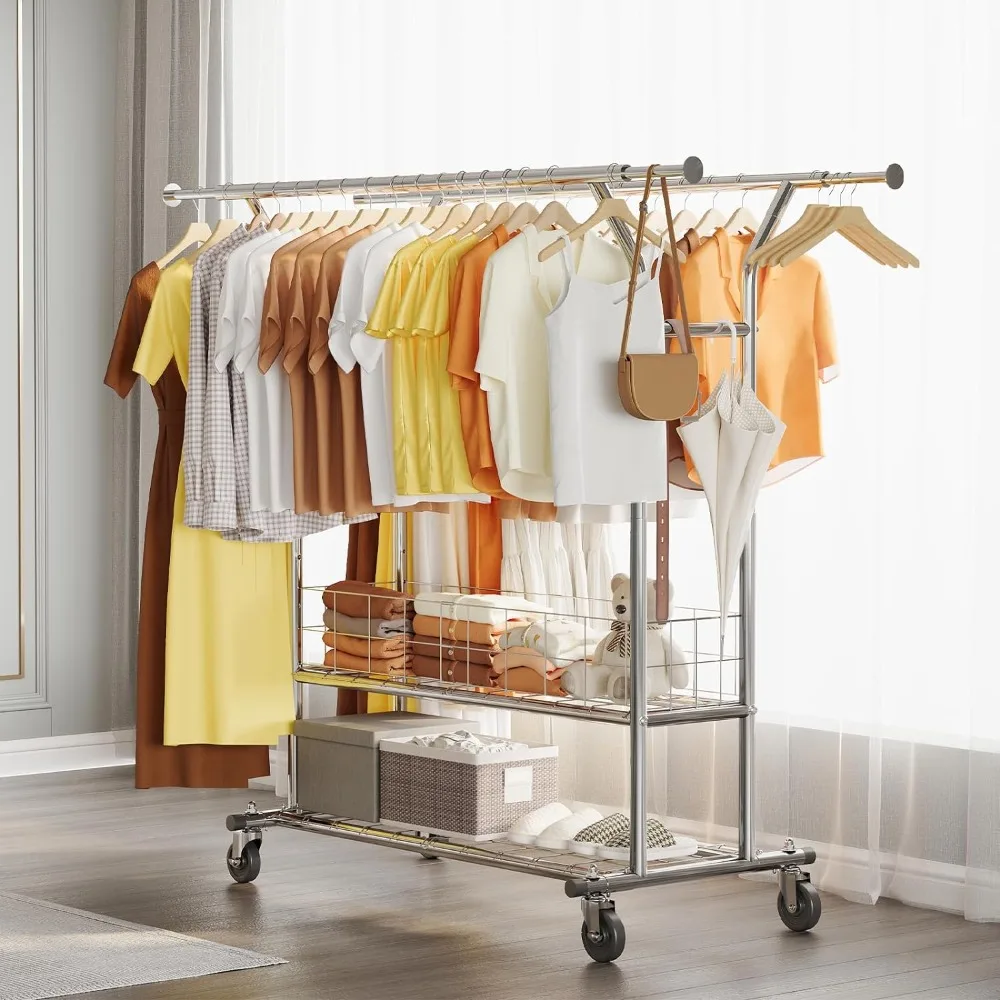 Heavy Duty Clothes Rack, 625 lbs Clothing Racks with Wheels, Rolling Garment Rack for Hanging Clothes, Commercial
